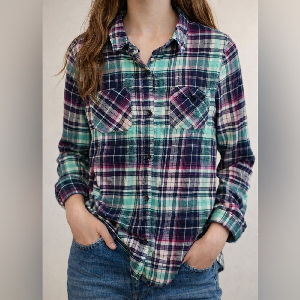 Mudd Girls XL 16 Plaid Flannel Button Down Shirt Green Pink Navy Long Sleeve